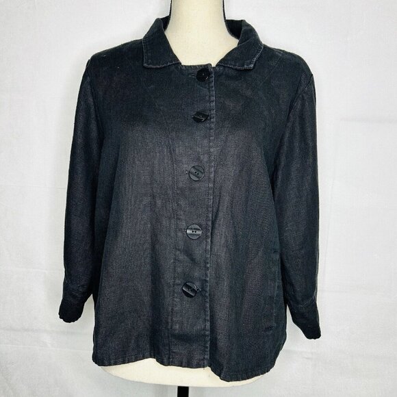 Flax 100% Black Linen Jacket Womens Sz M Button-Front Lagenlook Slash Pockets - Picture 1 of 6